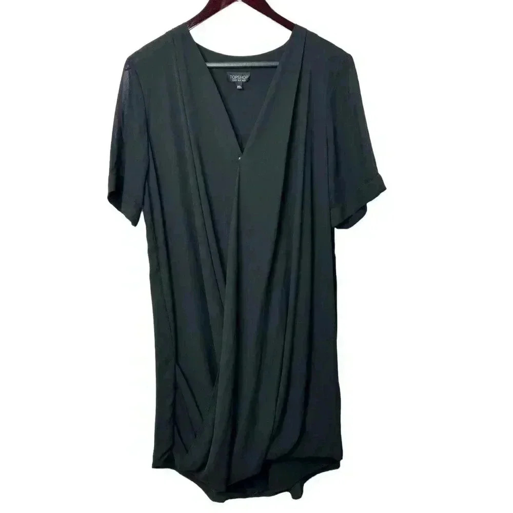 Topshop Black Short Sleeve Surplice Tunic Blouse Women's US Sz 8 .